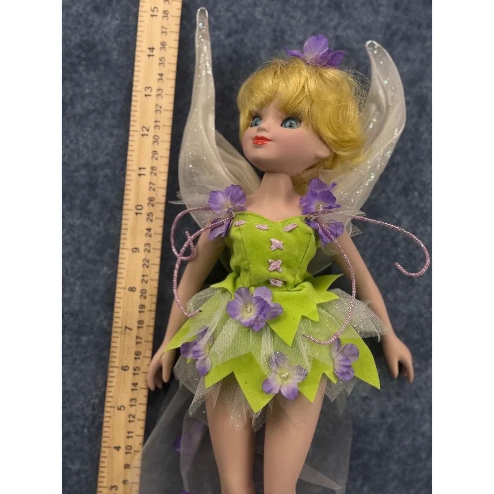 Tinker Bell Inspired Fairy Doll 14 Inch Green Floral Dress Shimmering Wings